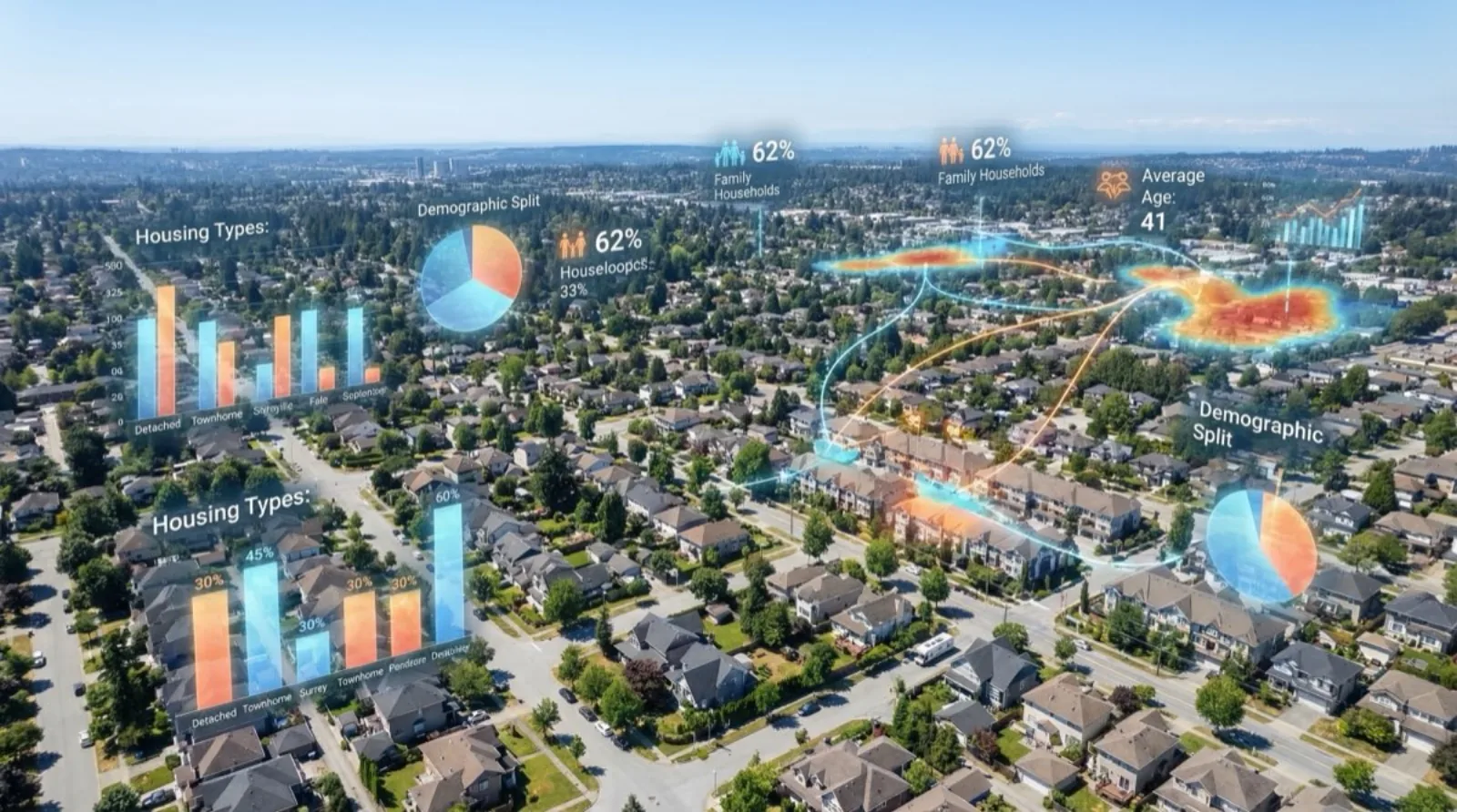 Data visualization of Canadian multigenerational housing statistics overlaid on aerial view of Metro Vancouver residential neighbourhoods