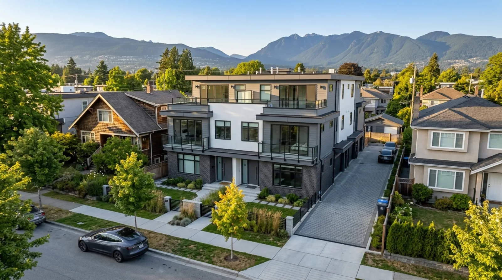 A new three-storey Vancouver multiplex with two front doors on a tree-lined street, the kind of home where builders now decide what technology to plan in