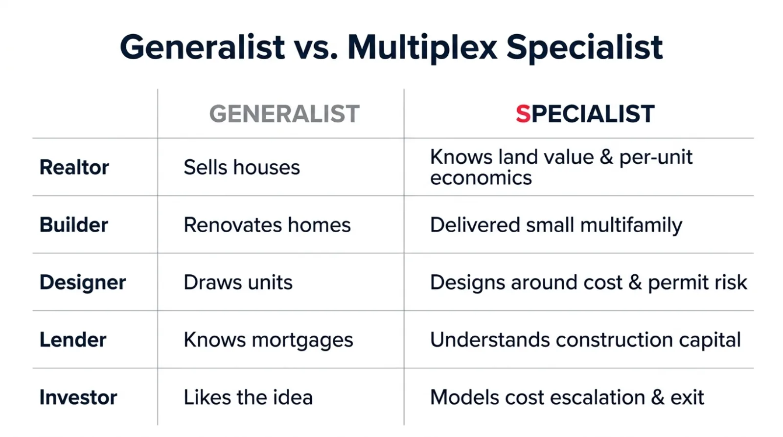 Comparison chart contrasting a generalist and a multiplex specialist across five roles: REALTOR® sells houses versus knows land value and per-unit economics, builder renovates homes versus has delivered small multifamily, designer draws units versus designs around cost and permit risk, lender knows mortgages versus understands construction capital, investor likes the idea versus models cost escalation and exit