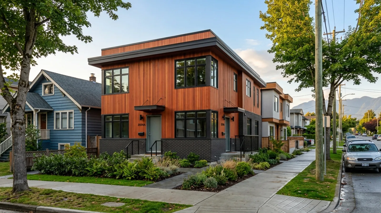 Newly completed two-storey Vancouver fourplex multiplex with two front entrances and vertical cedar siding on an East Vancouver street, surrounded by a mix of older single-family homes and a newer duplex, representing the specialist-built end of the multiplex market