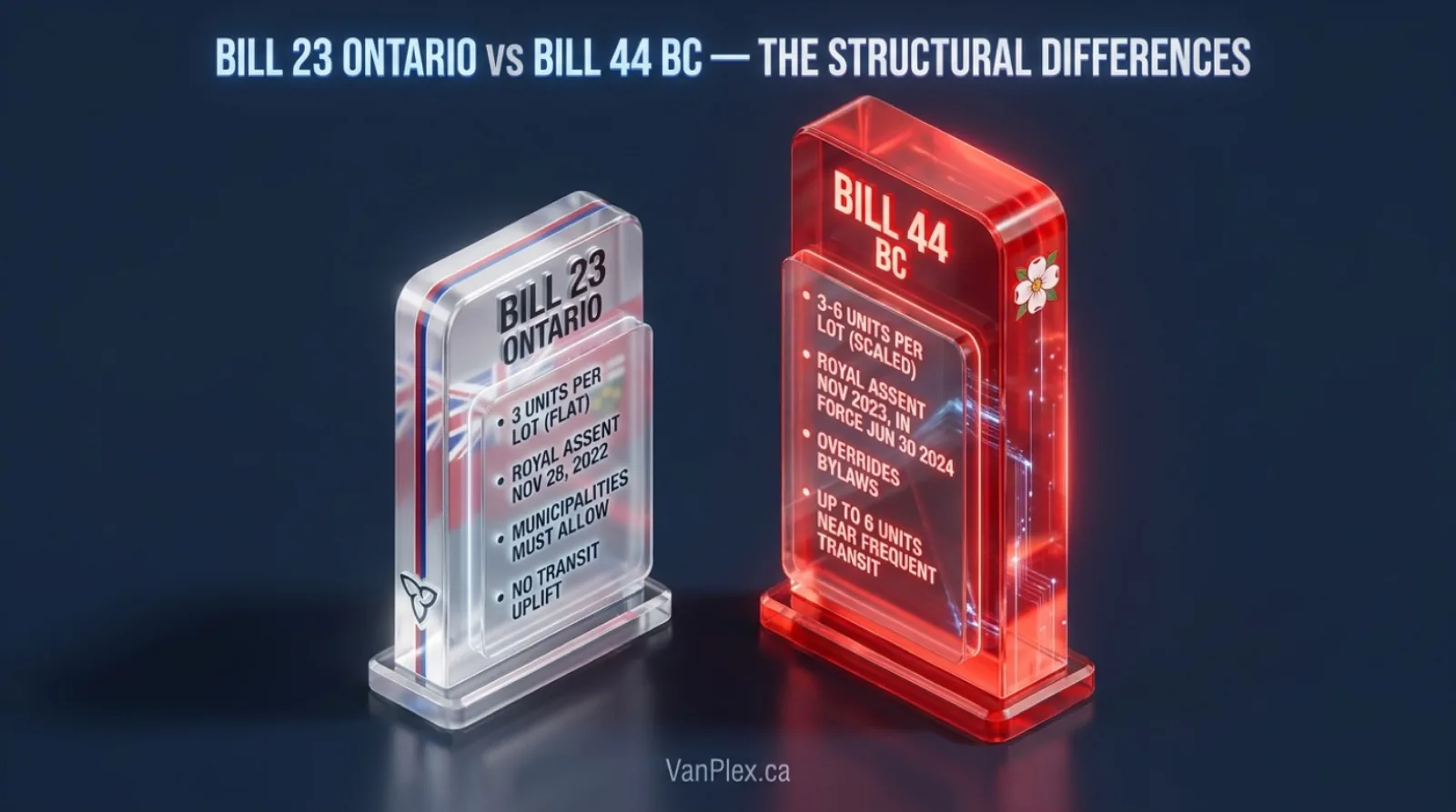 Comparison infographic showing Bill 44 BC versus Bill 23 Ontario maximum units per lot effective dates and transit proximity uplift differences