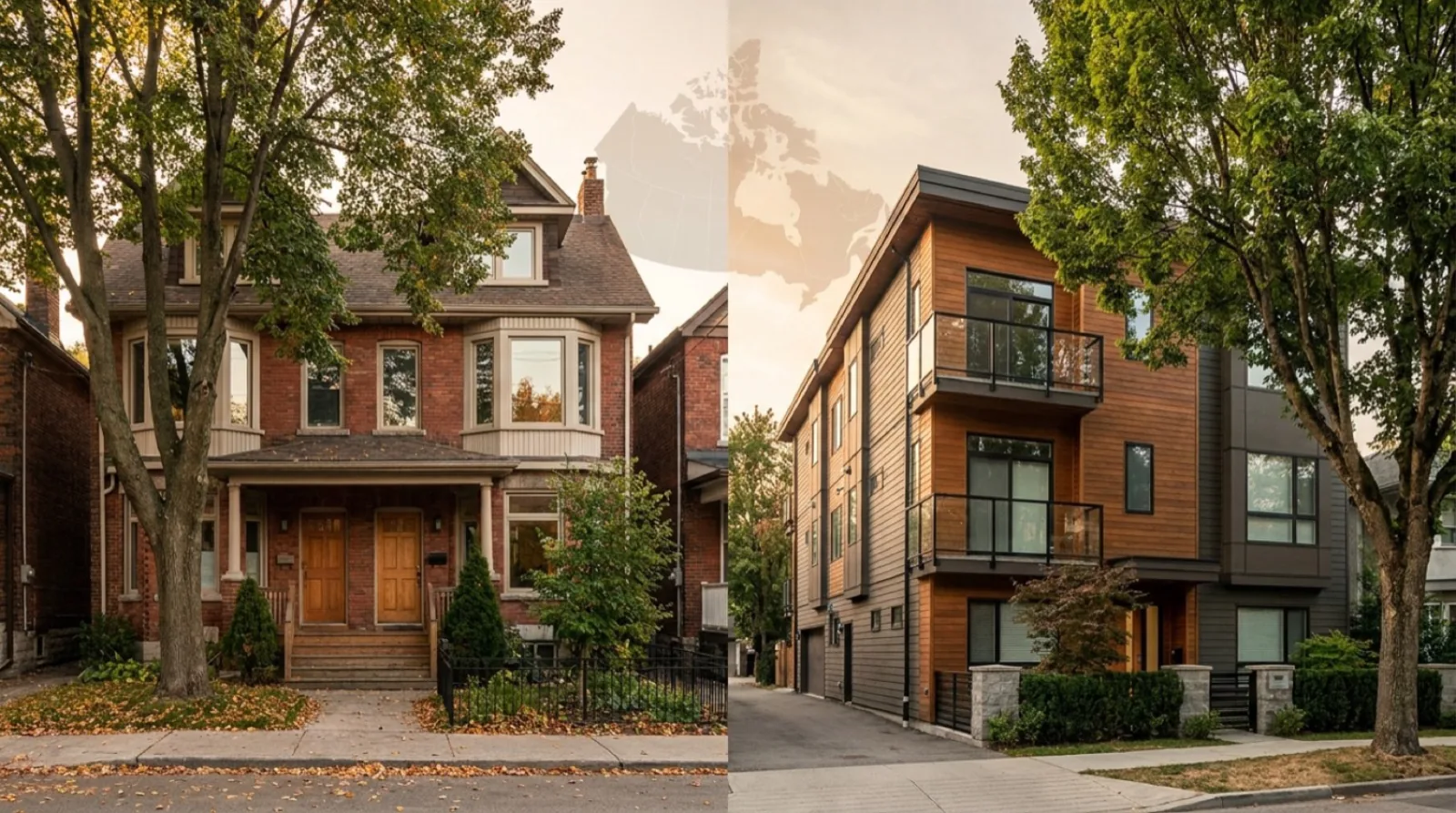 Side by side comparison of Toronto and Vancouver multiplex buildings showing Bill 23 Ontario versus Bill 44 BC residential zoning differences with map of Canada in background