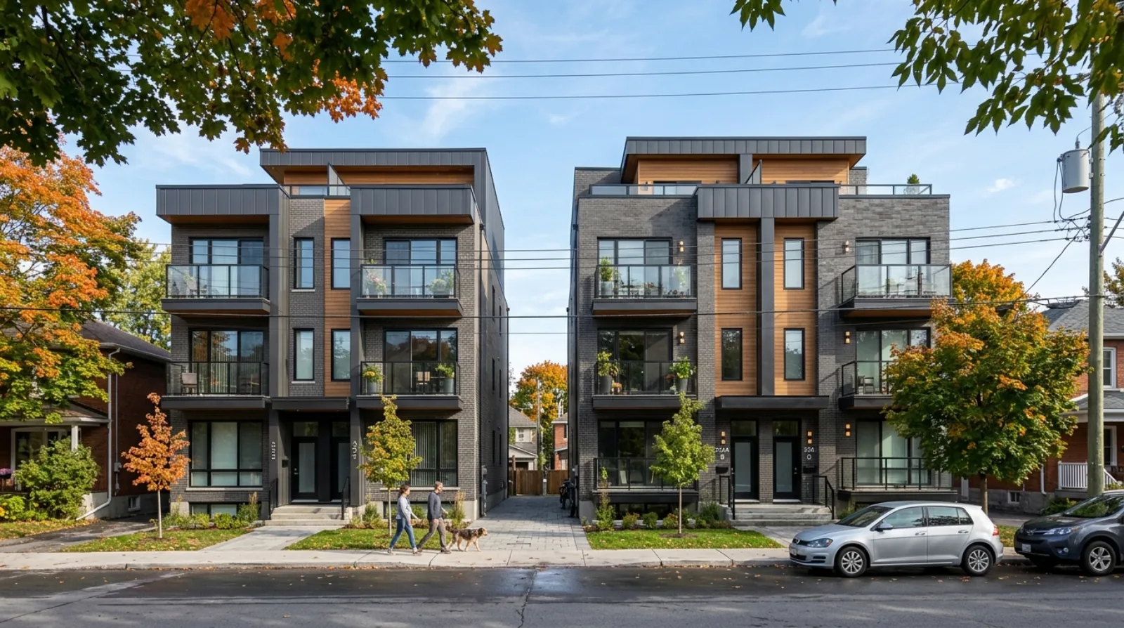 A newly built triplex next to a fourplex on an Ottawa street, illustrating the difference between Ontario's three-unit floor and Ottawa's four-unit rule