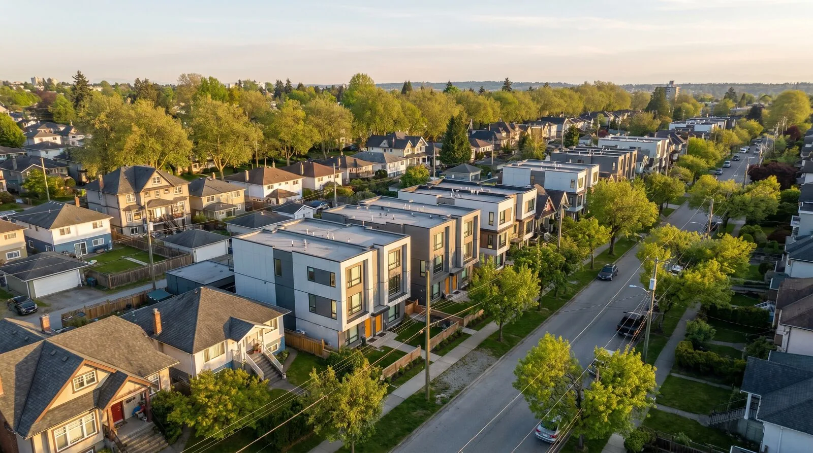 Aerial photograph of a Vancouver east side residential street with a few new fourplex and sixplex buildings interspersed among older single family homes in late spring with mature street trees and back lane visible