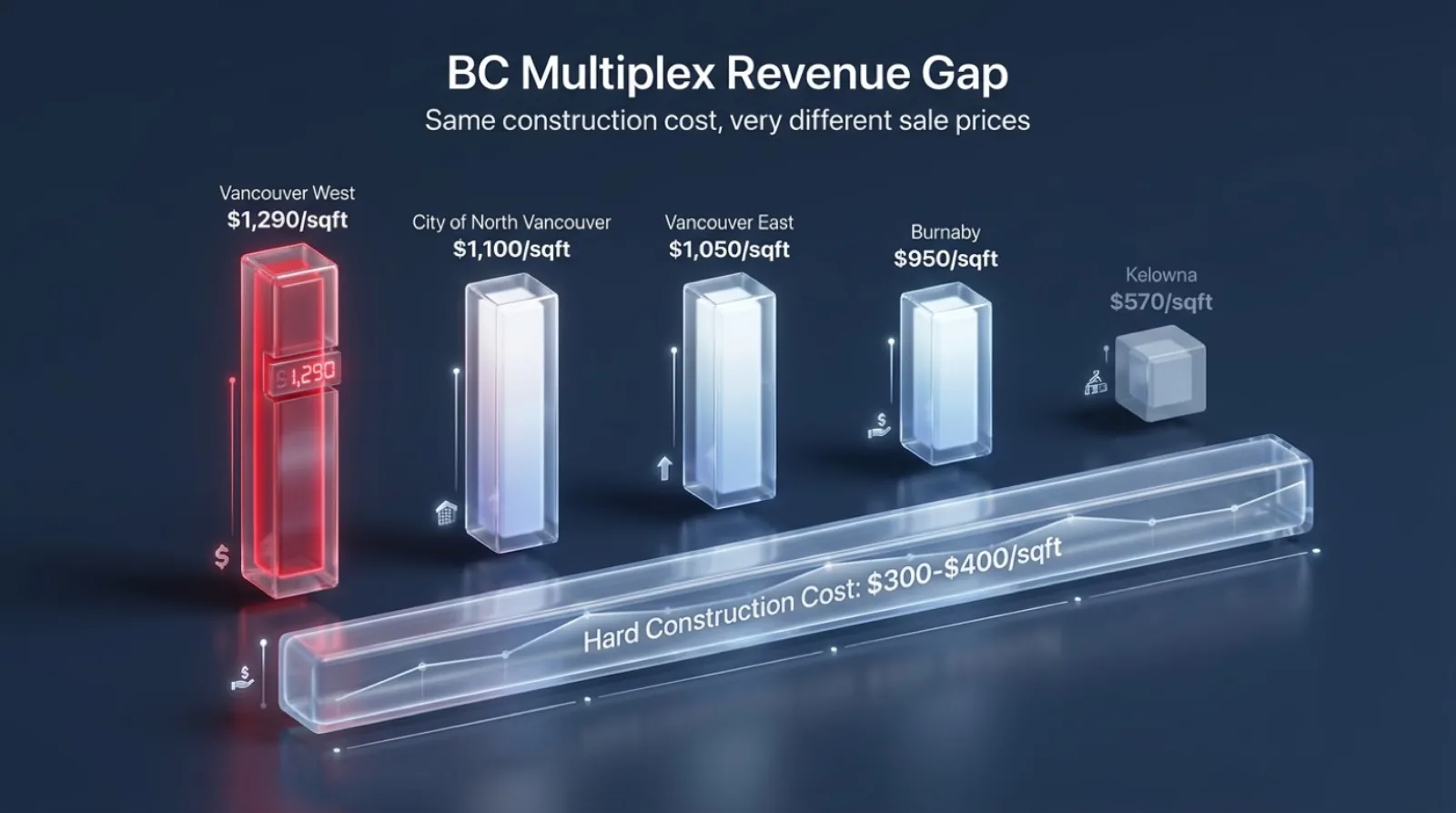 Revenue per square foot by BC market: Vancouver West USD 1290, City of North Vancouver USD 1100, Vancouver East USD 1050, Burnaby USD 950, Kelowna USD 570 per square foot for new multiplex, versus approximately uniform hard construction cost of USD 300 to USD 400 per square foot across all markets
