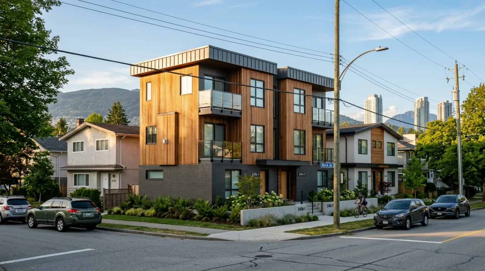 Ground-oriented Burnaby multiplex on a residential street near Brentwood, three storeys with two front entries and mixed older houses on neighbouring lots, representing the missing-middle housing shift predicted for Burnaby 2026 to 2029