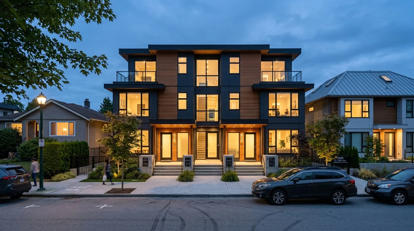 A modern Vancouver six-plex glowing at dusk on a residential street, representing a property a Canadian citizen living abroad is allowed to buy and develop