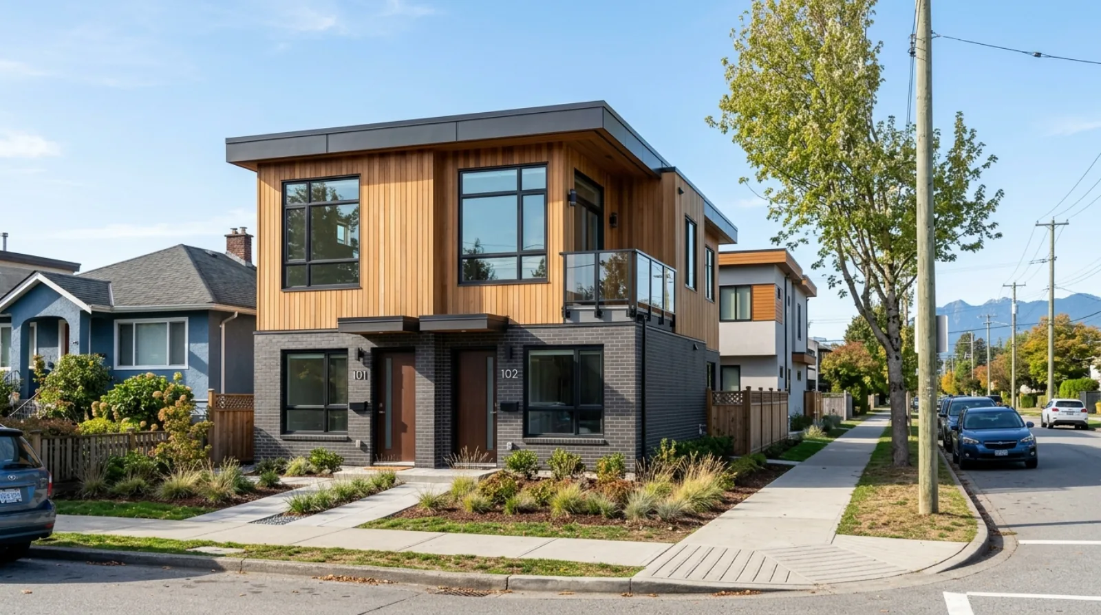A newly completed ground-oriented Vancouver fourplex multiplex on a standard residential lot, representing the neighbourhood-scale housing that sits in the capital missing middle