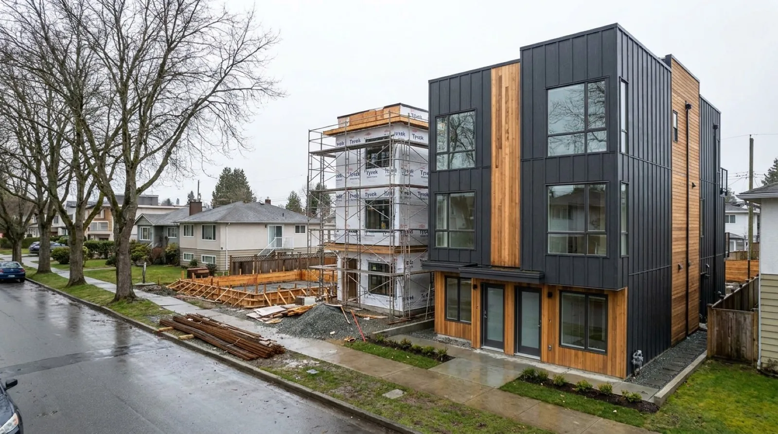 Vancouver residential street with a new four unit multiplex on a 33 foot lot beside a row of similar multiplex projects under various stages of completion representing a continuously compounding development pipeline modelled on a sovereign wealth fund applied to BC multiplex zoned parcels under Bill 44