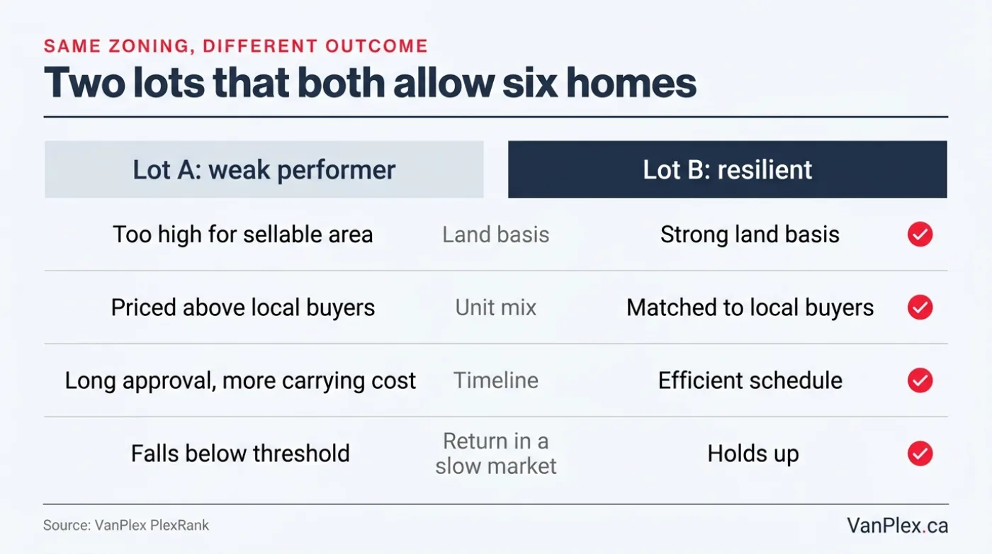 Comparison graphic showing two lots that both allow six homes producing different investment outcomes once land basis, unit mix, and absorption are applied