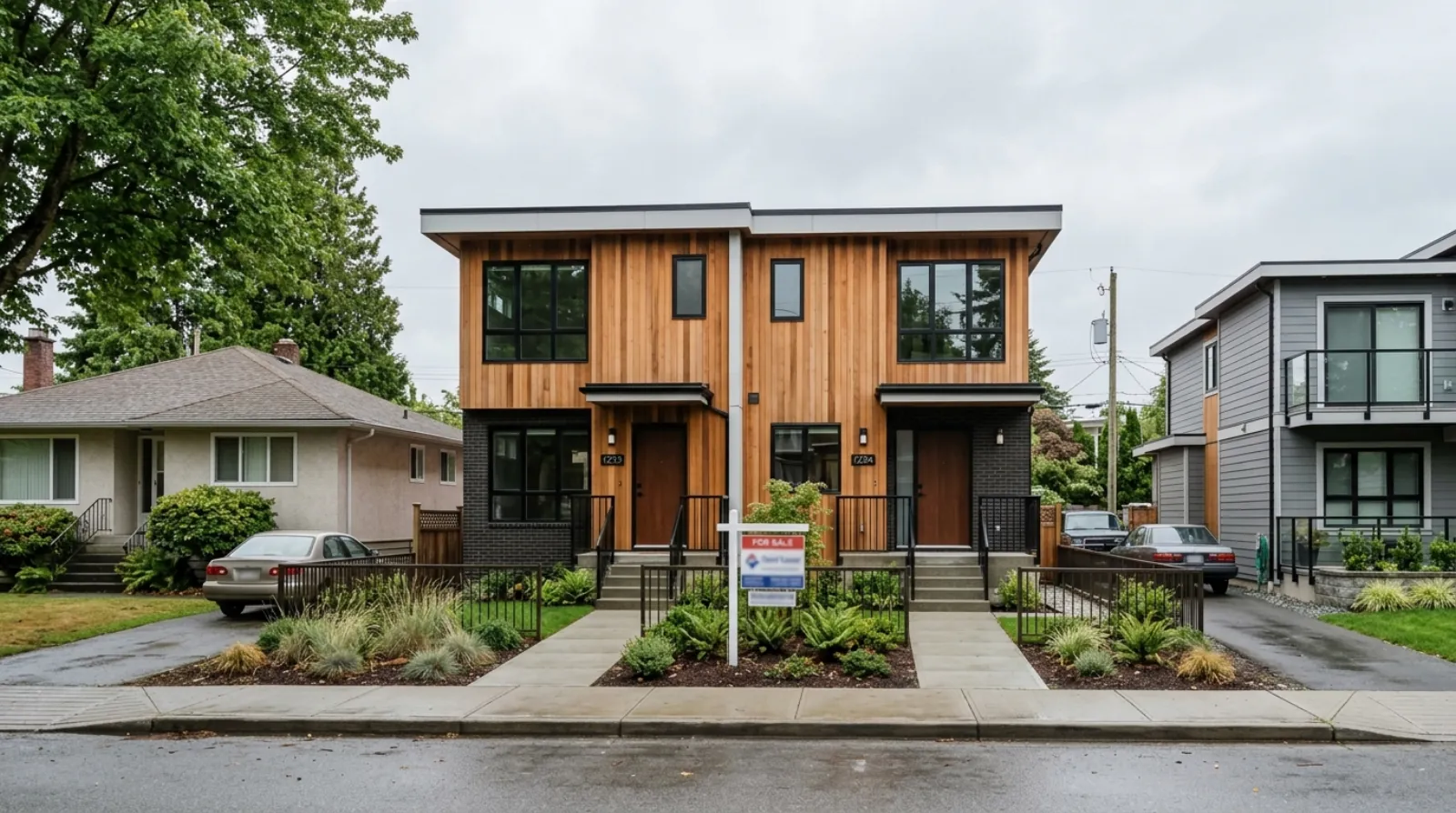A completed ground-oriented Vancouver multiplex with a for-sale sign on an established residential street, representing the slower absorption facing finished multiplex units in 2026