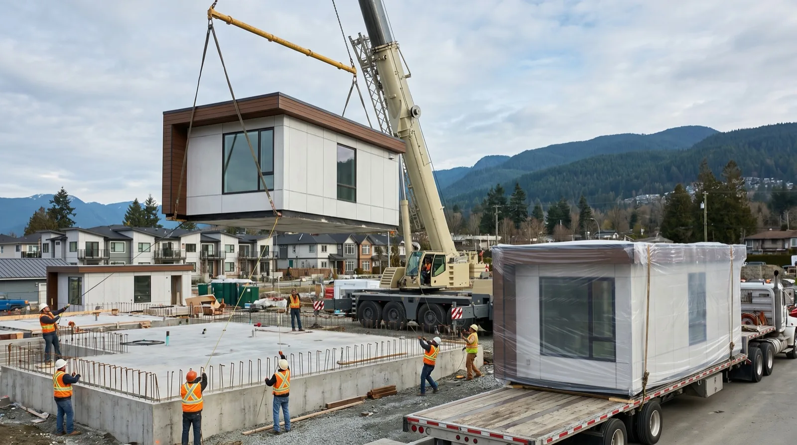 Modular multi-unit housing factory in British Columbia with finished prefabricated apartment modules being lifted onto a truck for delivery to a Vancouver construction site, representing CMHC's May 2026 expansion of mortgage insurance to support prefab and modular construction