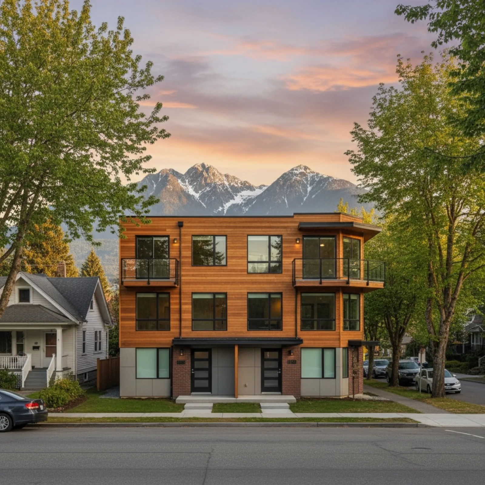 Modern North Vancouver residential neighborhood showing ground-oriented multiplex development with mountain backdrop