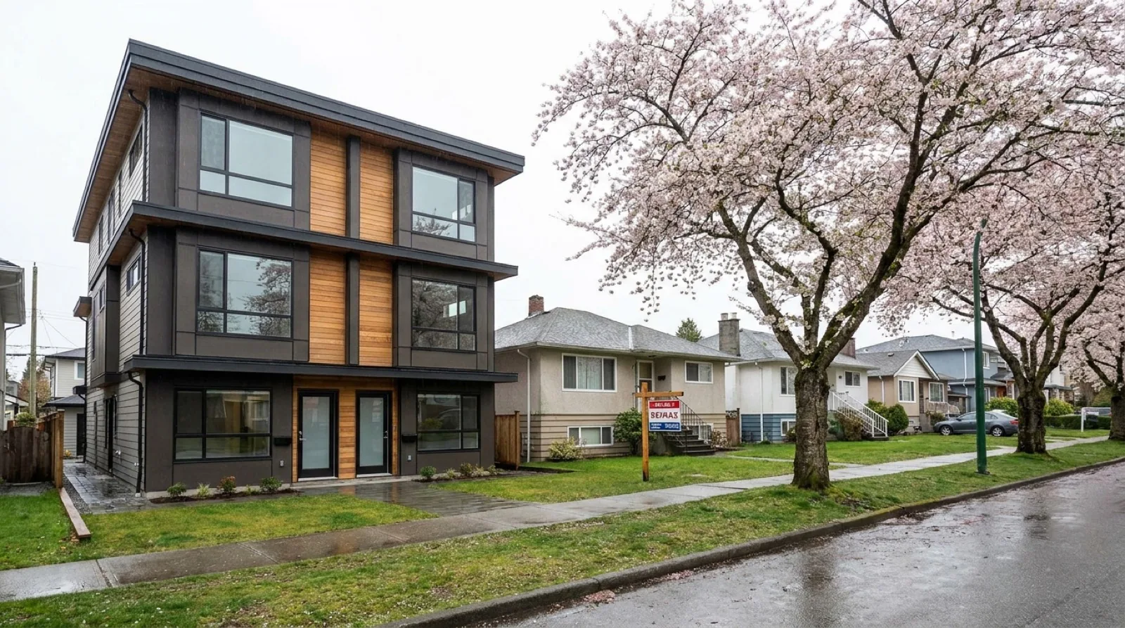 Vancouver west-coast multiplex on a 33 foot residential lot beside an empty for-sale sign on a similar neighbouring lot representing the decision a BC homeowner faces between co-developing their property as a Bill 44 multiplex or simply selling at land value