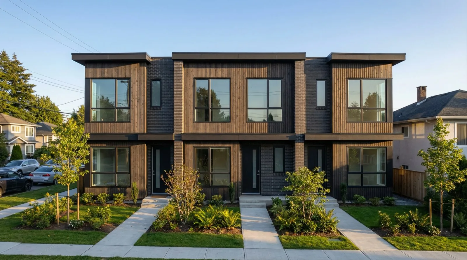 Newly completed Vancouver 4-plex with modern wood and brick exterior on a standard east side lot