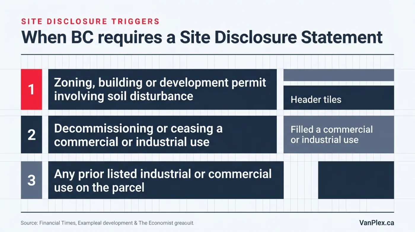 Three filled panels showing when BC requires a Site Disclosure Statement: permit applications involving soil disturbance, decommissioning a commercial or industrial use, and prior listed uses on the parcel