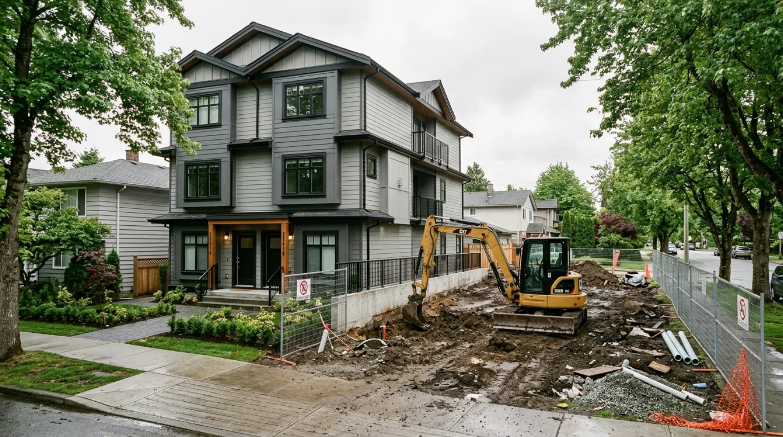 An infill construction lot with an excavator and exposed soil beside a completed ground-oriented multiplex, showing site preparation where contaminated soil risk must be checked