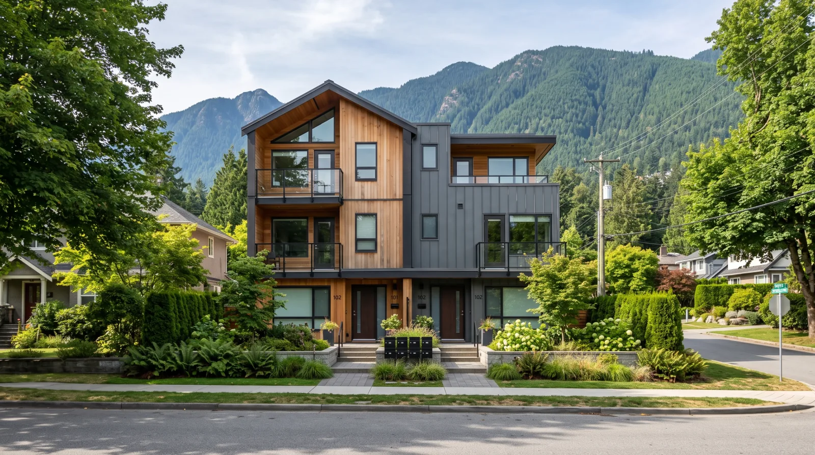 A ground-oriented multiplex on a District of North Vancouver residential street with the North Shore mountains behind, representing the six-unit SSMUH zoning still coming to transit-proximate DNV lots after the missed June 30 2026 deadline