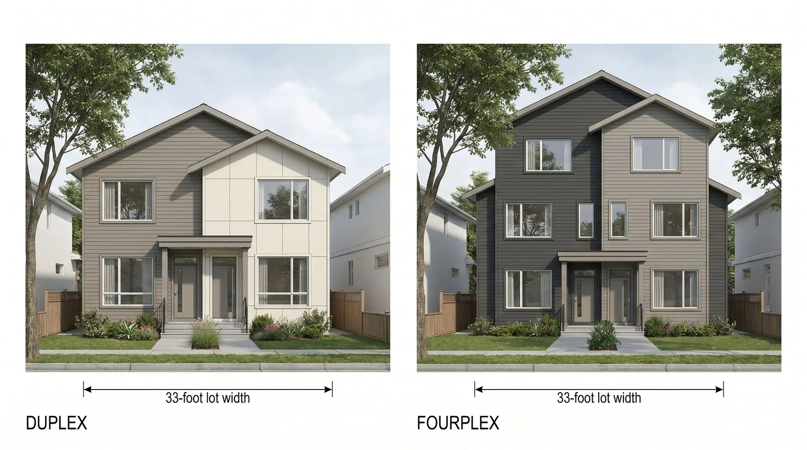 Side-by-side architectural rendering on white background showing a two-storey duplex with two front doors next to a slightly larger fourplex with two front doors and two rear doors, both on a typical Vancouver 33 foot lot with mature trees
