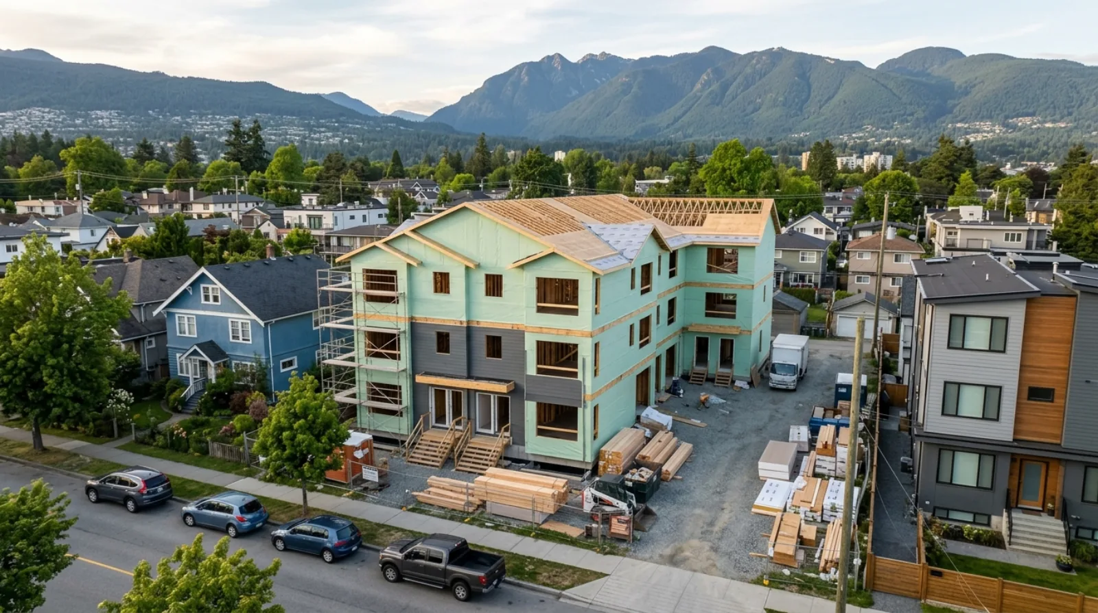 A six-plex multiplex under construction on a Vancouver residential lot, framing sheathed and roof trusses set, with two front entries at grade and the North Shore mountains behind, representing the 18 to 24 months of execution that decide multiplex returns