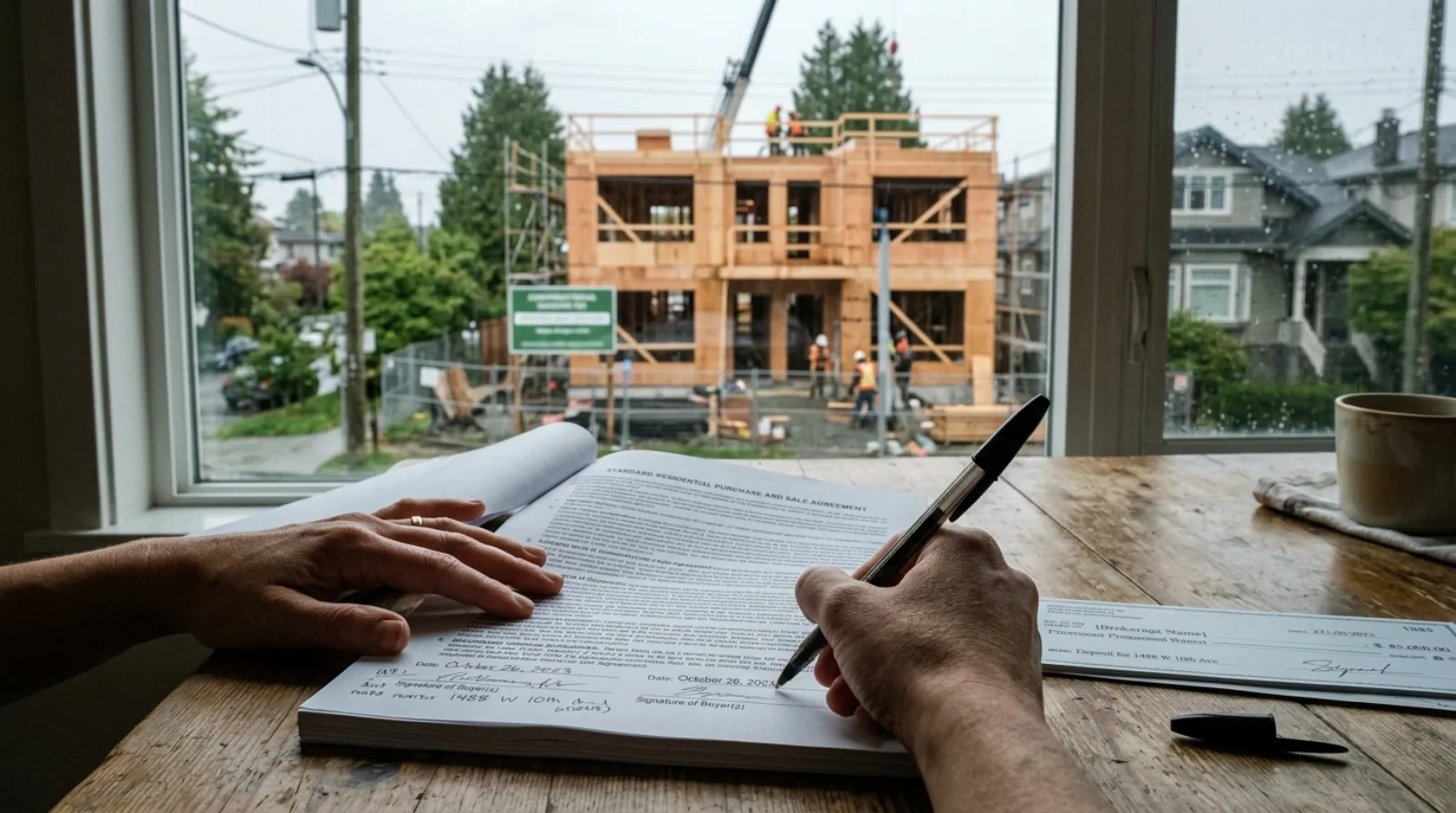 A buyer reviewing a pre-sale purchase agreement at a table, with a newly framed fourplex under construction visible through the window behind them
