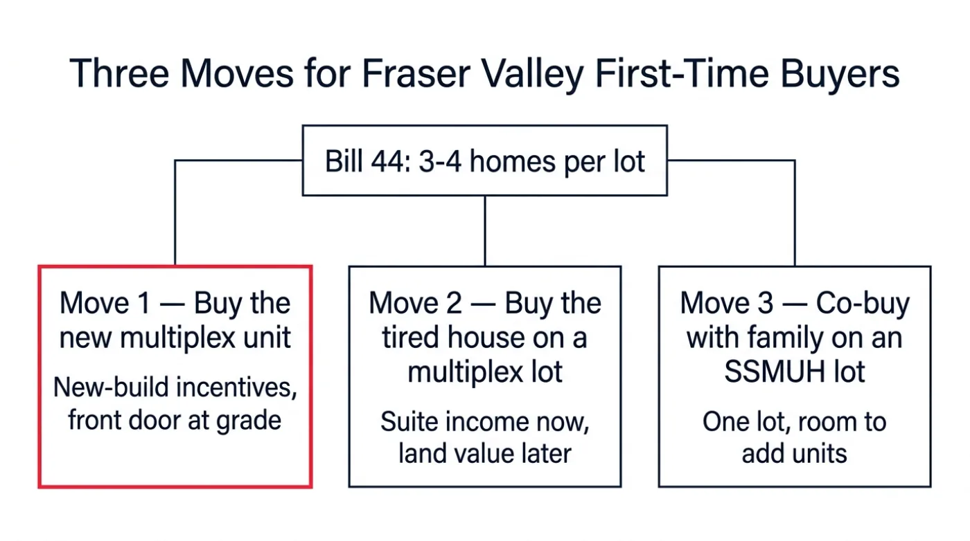 Diagram of three first-time buyer strategies under Bill 44 zoning: buy a new multiplex unit with new-build incentives, buy an older house on a multiplex-zoned lot for suite income now and land value later, or co-buy with family on an SSMUH lot with room to add units