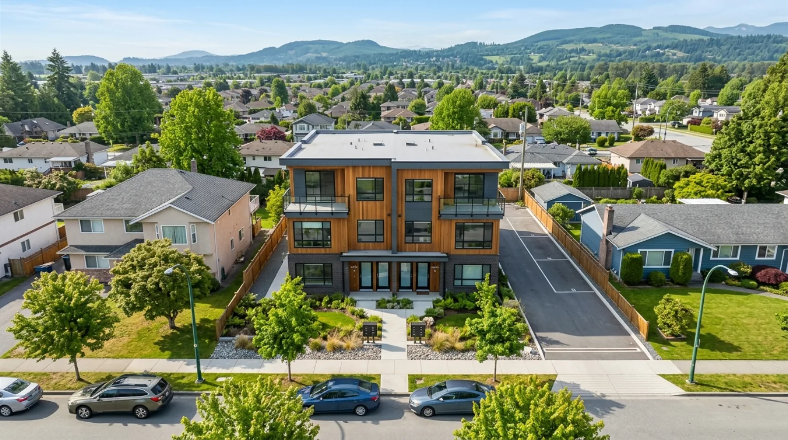 New three-storey multiplex with two front entrances on a suburban Fraser Valley street in Langley BC, surrounded by older single-family houses, showing the small-scale multi-unit housing now allowed on former single-family lots