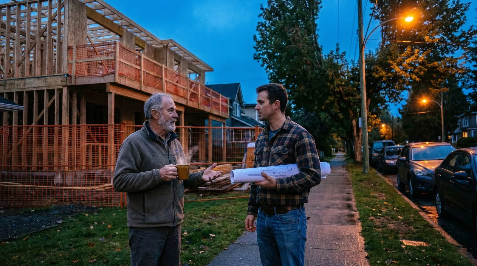 Photograph of a Vancouver residential street at dusk with two neighbours an older homeowner and a younger contractor standing on a sidewalk in front of a partially built multiplex with construction fencing having a conversation under warm street lighting