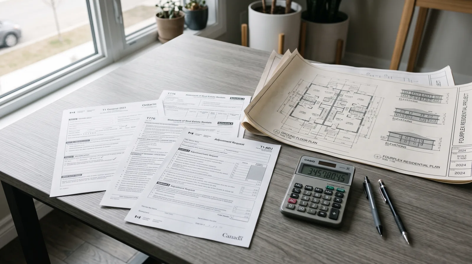 Canadian tax forms and a calculator beside architectural drawings of a new BC fourplex rental multiplex
