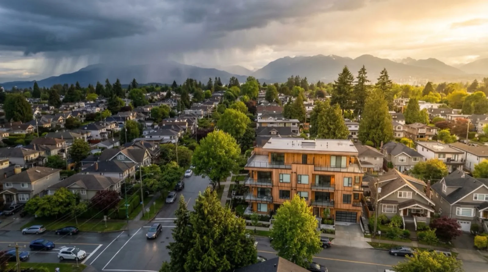 Vancouver real estate market data visualization with declining price charts, condo inventory graphs, and highlighted multiplex opportunity indicators against mountain backdrop