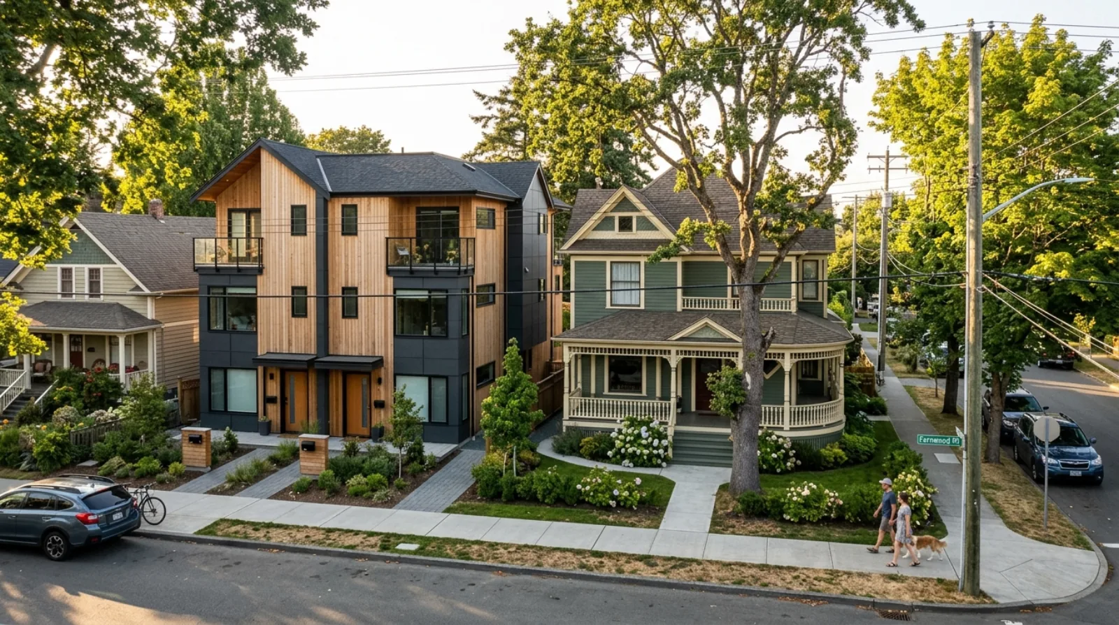 A conserved heritage Victorian home in Fernwood with new ground-oriented houseplex units added behind it on the same lot