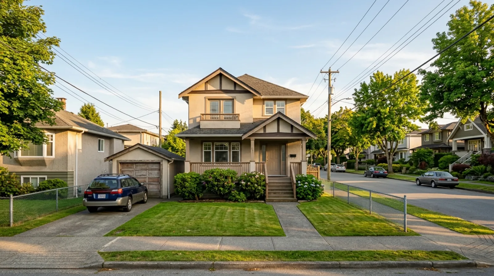 A detached single-family home on a standard lot in an established East Vancouver neighbourhood at golden hour, the kind of property whose price rose but whose real value fell after inflation