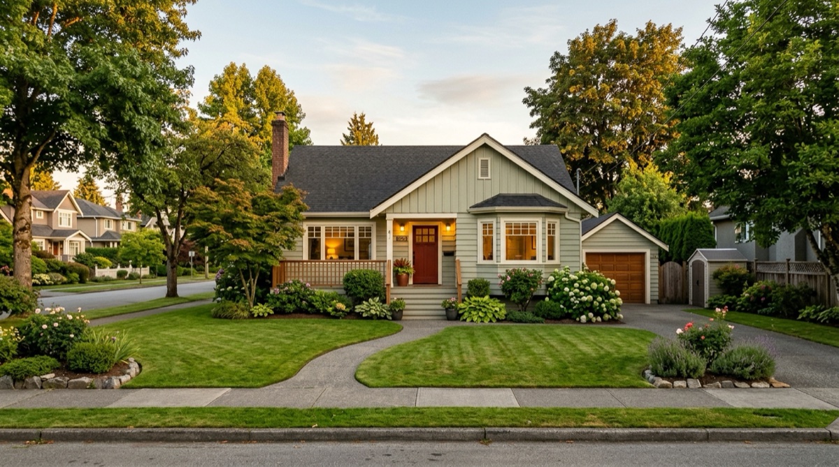 A well kept older Vancouver house on a wide lot in warm evening light, the kind of property an owner holds and rents for years before a multiplex redevelopment