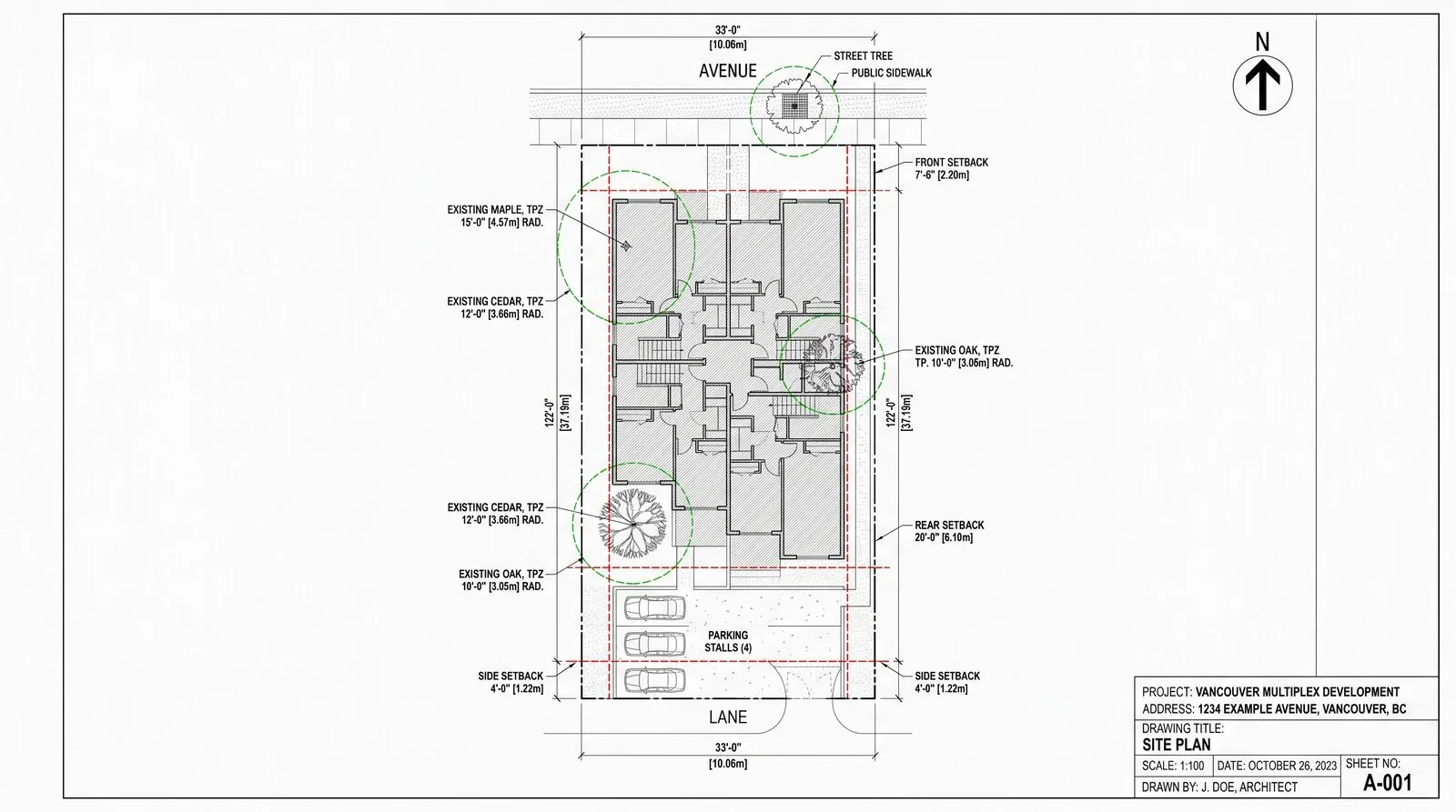 Detailed black and white architectural site plan drawing showing a Vancouver multiplex with property lines, setbacks marked in red dashed lines, three trees with protection radii, parking stalls, building footprint shaded grey, and a back lane access labelled with measurements in metres