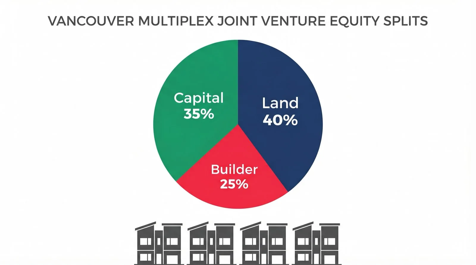 Pie chart visualization of equity splits in a Vancouver multiplex joint venture between landowner, capital partner, and builder