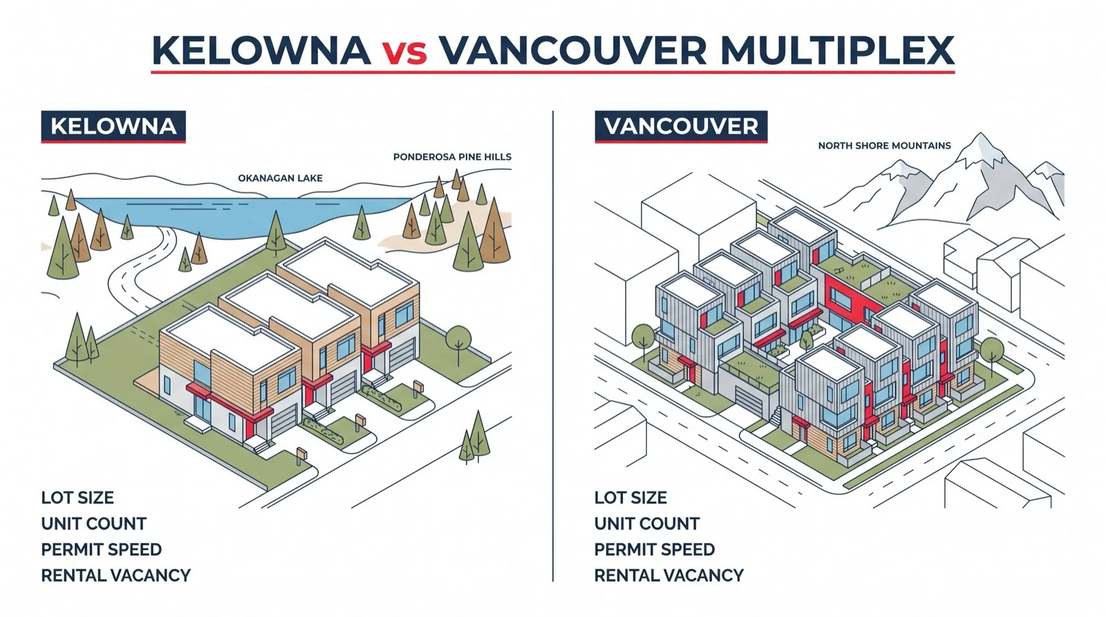 Side-by-side comparison visual of Kelowna and Vancouver multiplex lot sizes unit counts rents vacancy and permit timelines with dollar-sign scales indicating land basis and exit liquidity
