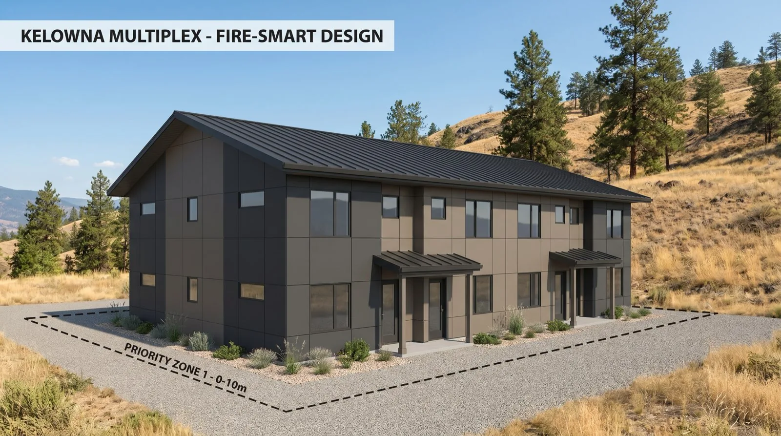 Kelowna hillside multiplex design detail showing FireSmart Priority Zone 1 10-metre non-combustible landscape buffer with fibre cement cladding ember-resistant vents and Class A roofing in a wildfire interface lot