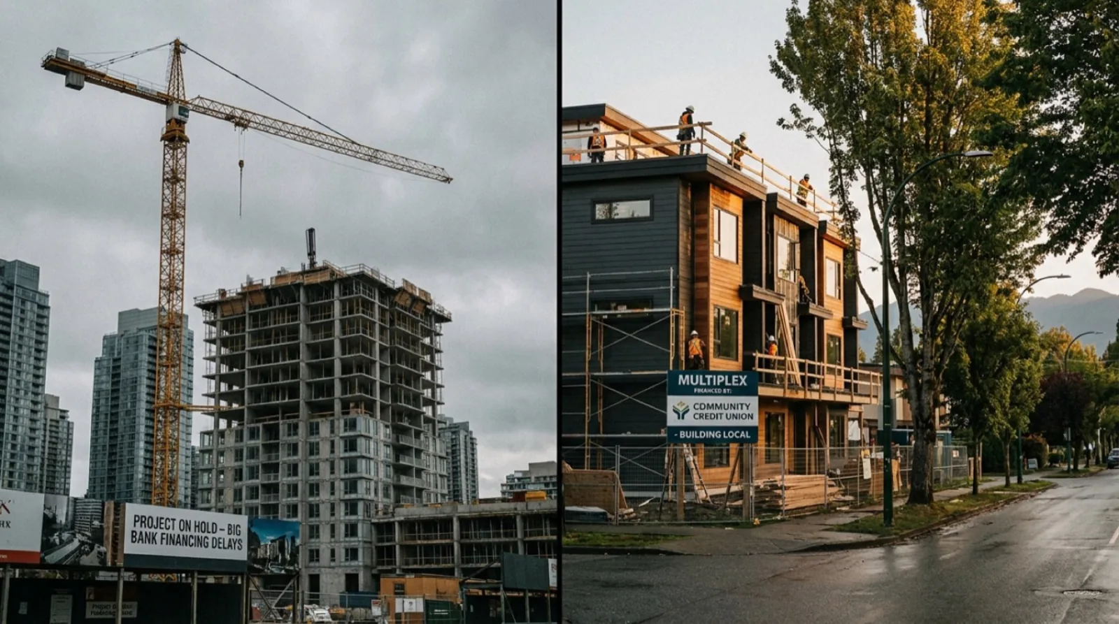Vancouver multiplex under construction at golden hour with construction crane and small-scale wood-framed four-plex on a Vancouver street representing the lender shift from condo high-rises to missing middle housing