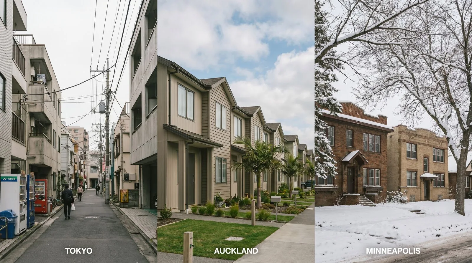 Triptych composition of three side by side photographs showing a low-rise Tokyo residential street, a typical Auckland suburban street with new townhouses, and a Minneapolis residential street with a duplex and small apartment building