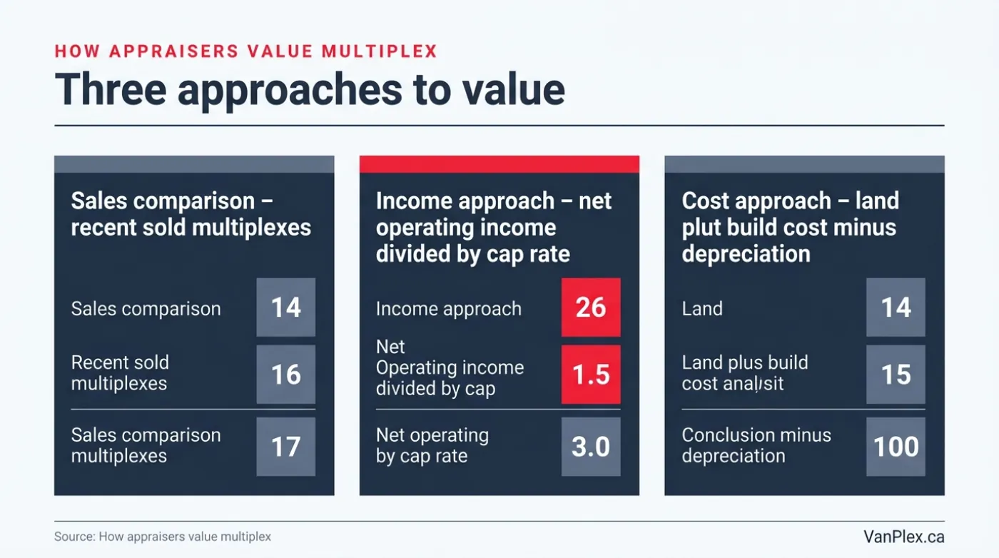 Three filled panels explaining the sales comparison, income, and cost approaches appraisers use to value a multiplex, with the income approach highlighted as primary