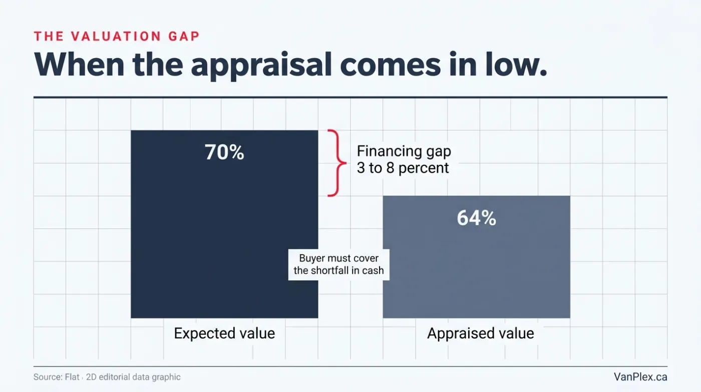 A two-bar comparison showing an expected value taller than the appraised value, with a red bracket labeling the financing gap of 3 to 8 percent that the buyer must cover in cash