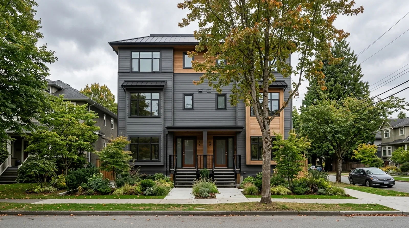 A newly completed ground-oriented Vancouver fourplex multiplex on a standard residential lot, valued by appraisers primarily on the income it produces rather than nearby house sales