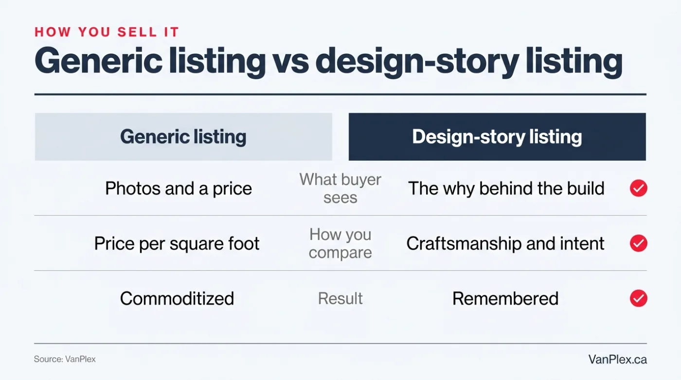 Comparison graphic contrasting a generic photos-and-price listing with a design-story listing that shows craftsmanship and intent