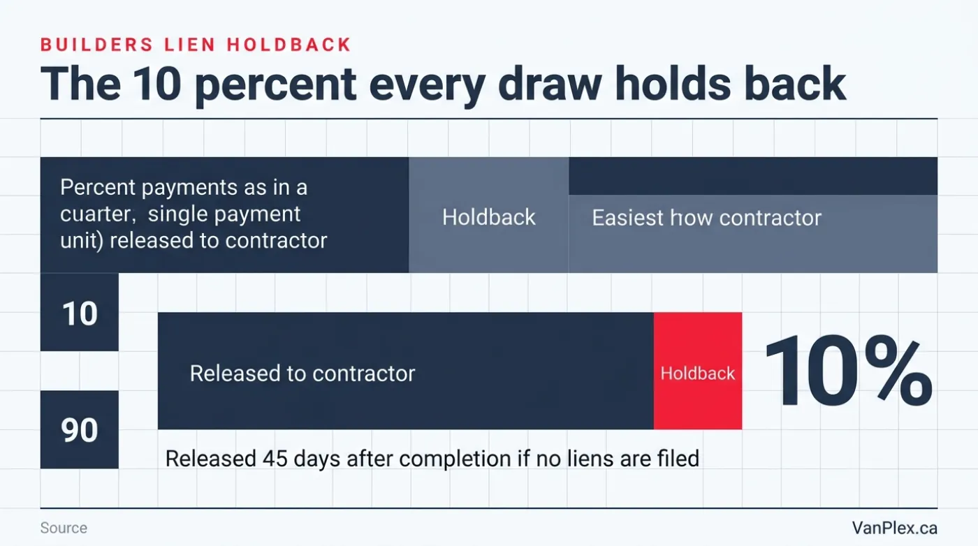 Stacked bar of a single construction payment showing 90 percent released to the contractor and a 10 percent holdback, released 45 days after completion if no liens are filed