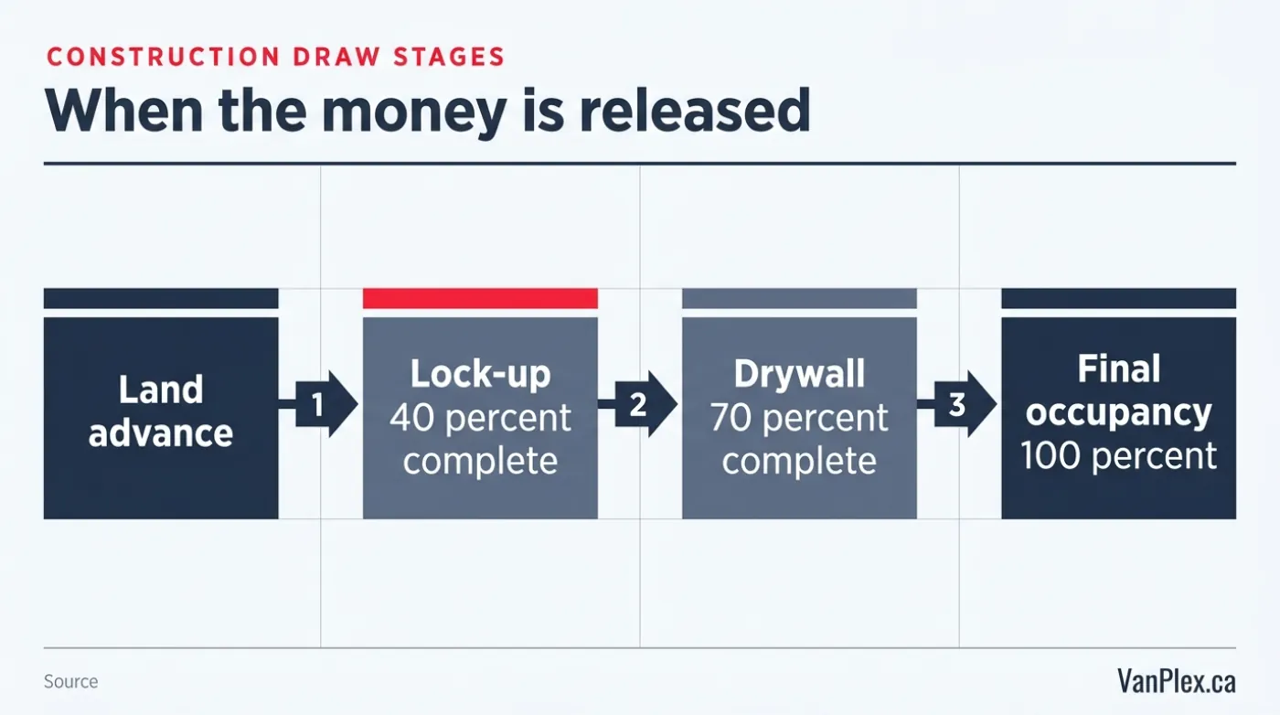 Horizontal step diagram of construction draw stages: land advance, lock-up at 40 percent complete, drywall at 70 percent complete, and final occupancy at 100 percent