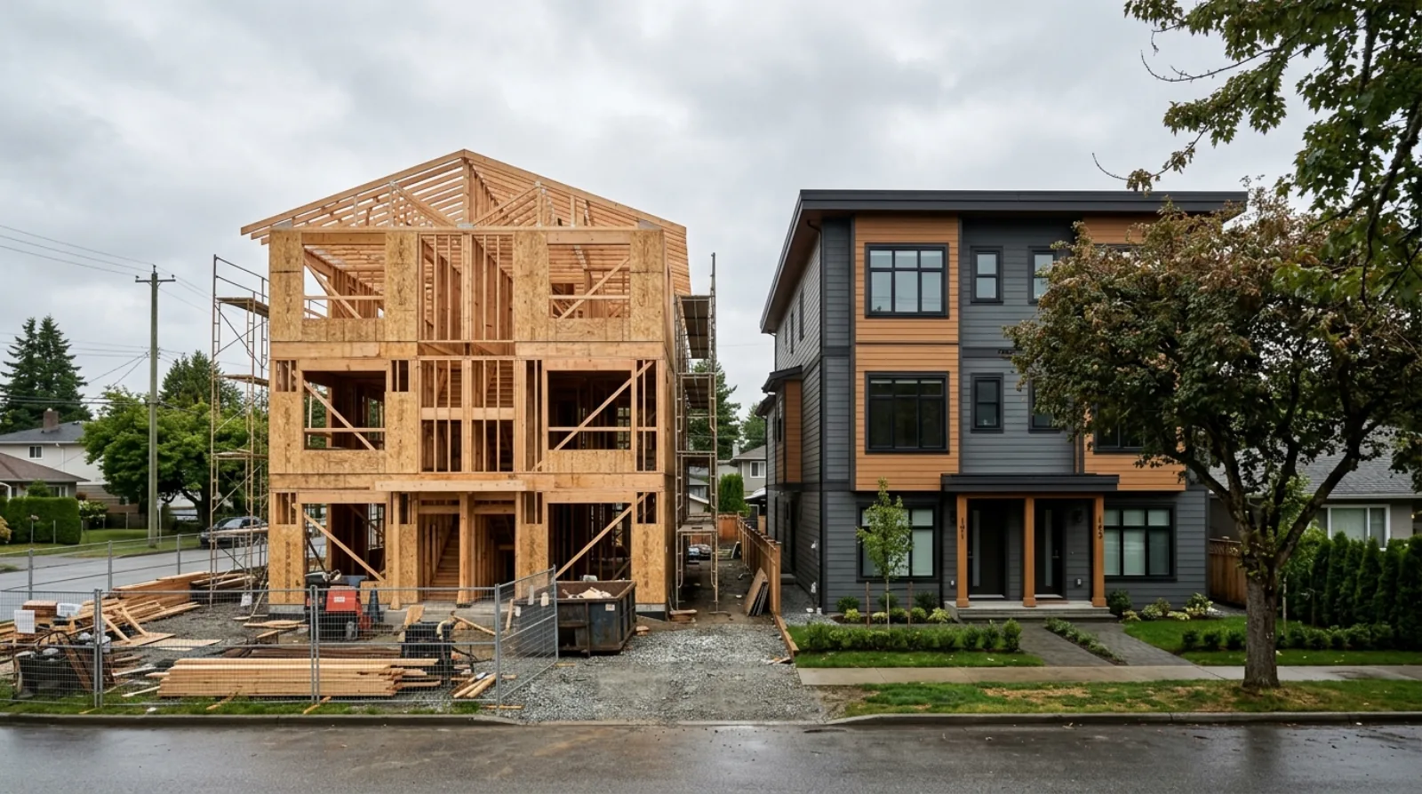 A ground-oriented multiplex under construction at the framing stage beside a completed identical unit, showing building progress that unlocks each construction loan draw