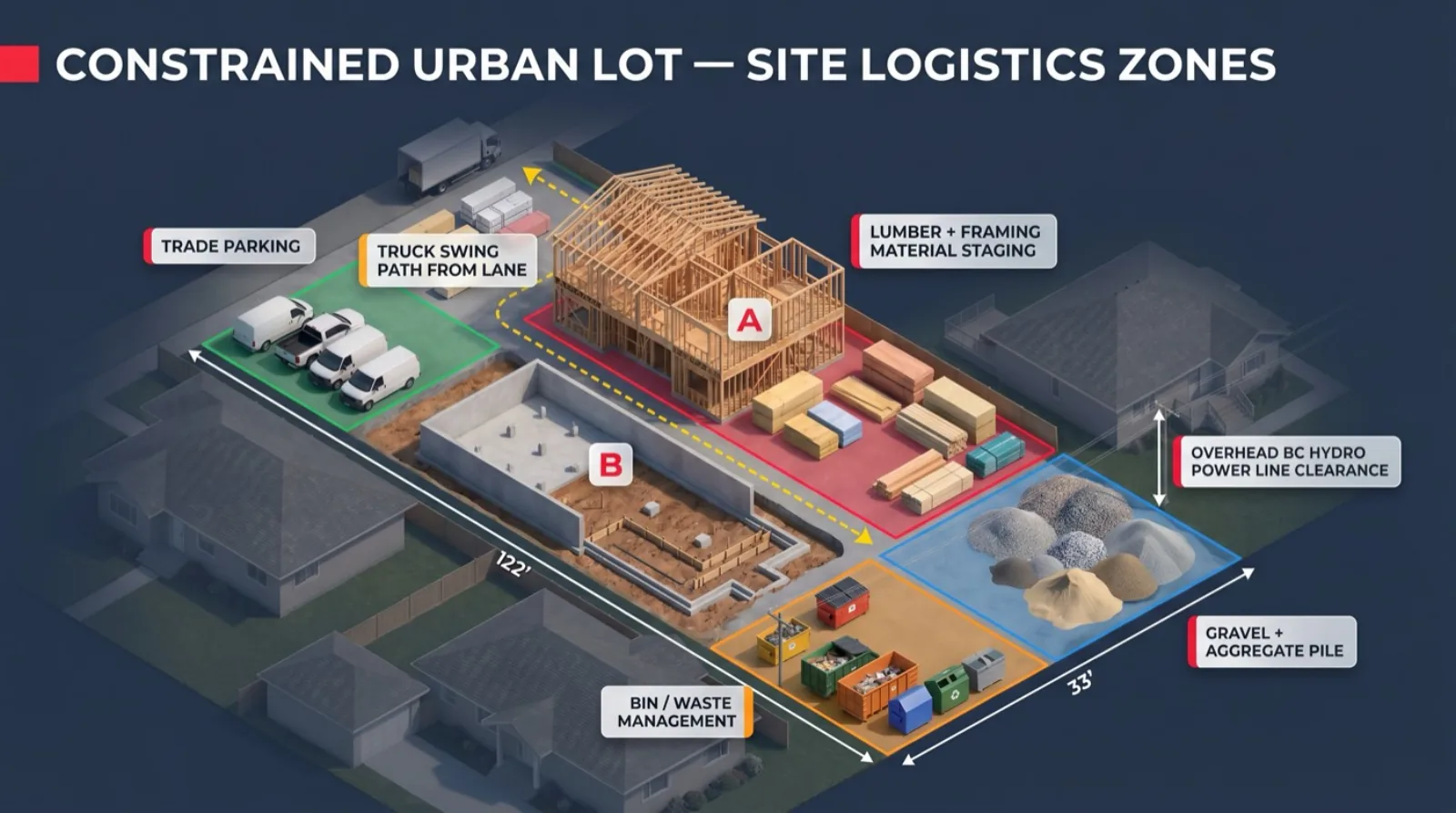 Professional 3D isometric site logistics diagram of a constrained urban Vancouver multiplex lot with two staggered multiplex buildings Building A in framing and Building B in foundation with colour coded zones for lumber and framing material staging gravel aggregate pile waste management trade parking and a truck swing path from the back lane with overhead BC Hydro power line clearance annotation