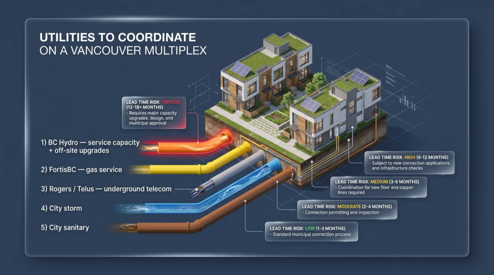 Professional 3D isometric infographic titled Utilities to coordinate on a Vancouver multiplex showing five colour-coded utility layers entering the lot BC Hydro electrical FortisBC gas Rogers Telus telecom city storm and city sanitary with lead time risk cards next to each layer showing BC Hydro as the long pole item