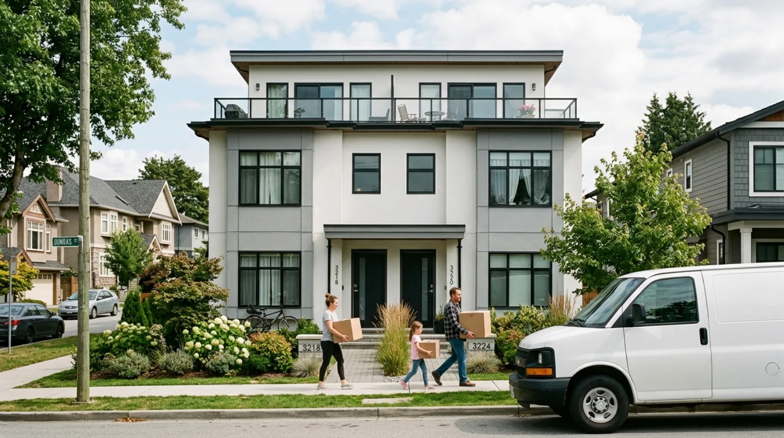 A family carrying moving boxes into a newly completed three-storey Vancouver multiplex with two front entries, older single-family homes visible on either side, representing the completed side of a presale versus completed multiplex purchase decision