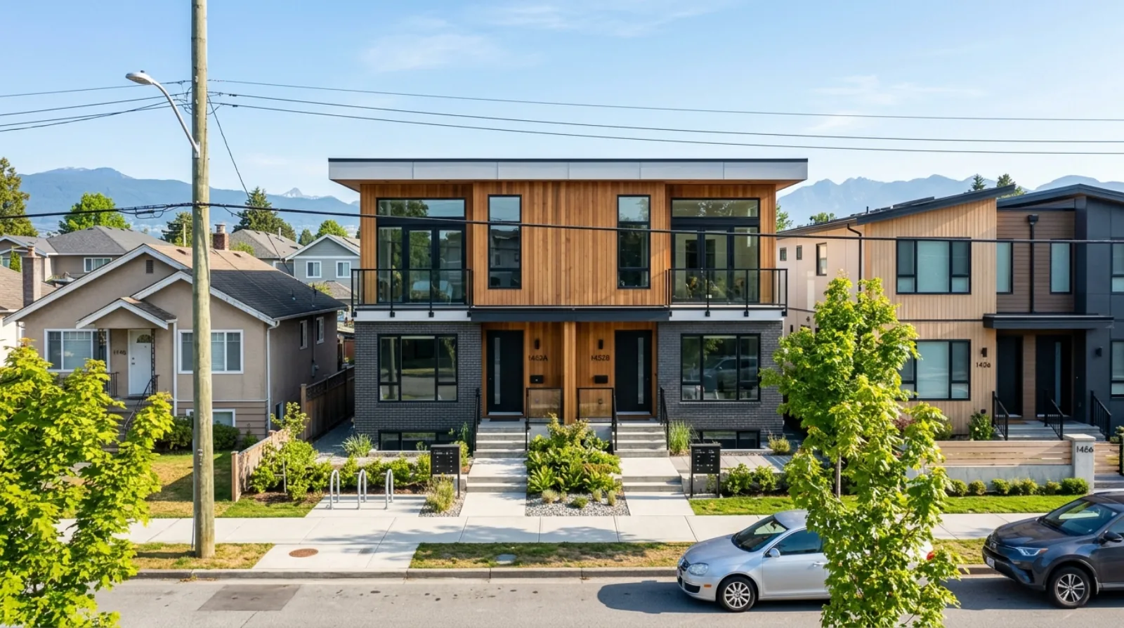 A newly completed ground-oriented Vancouver fourplex multiplex on a standard residential lot, framed as an investment-grade asset